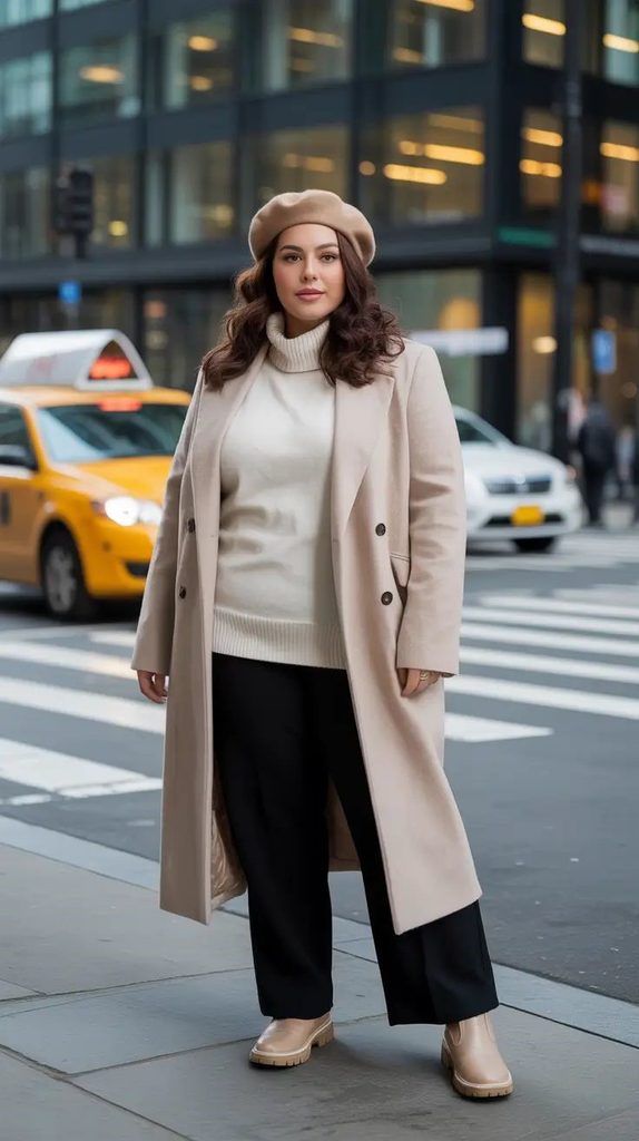 Plus size woman wearing a camel coat over a white turtleneck, black trousers, a beige beret, and matching beige boots.