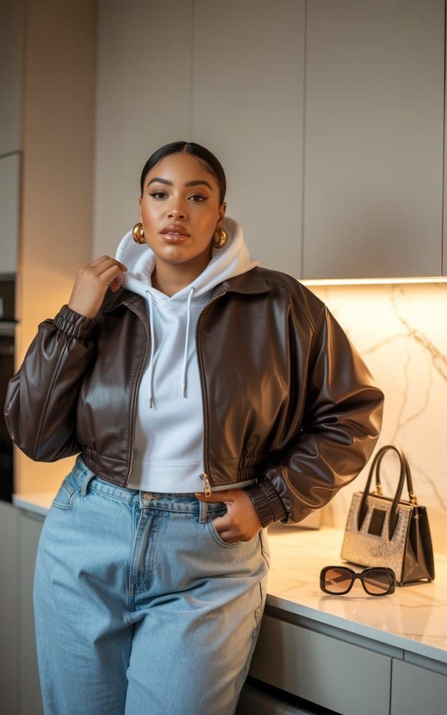 Cozy fall outfit for curvy women featuring a brown leather jacket, white hoodie, and light-wash jeans