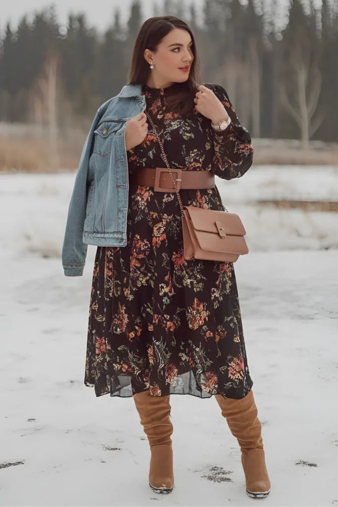 Cozy fall outfit ideas for curvy women with a dark floral midi dress, denim jacket, brown belt, and tan boots