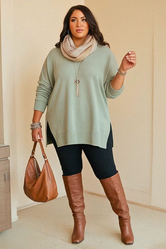 Cozy fall outfit ideas for curvy women featuring a sage green oversized sweater, black leggings, and brown knee-high boots