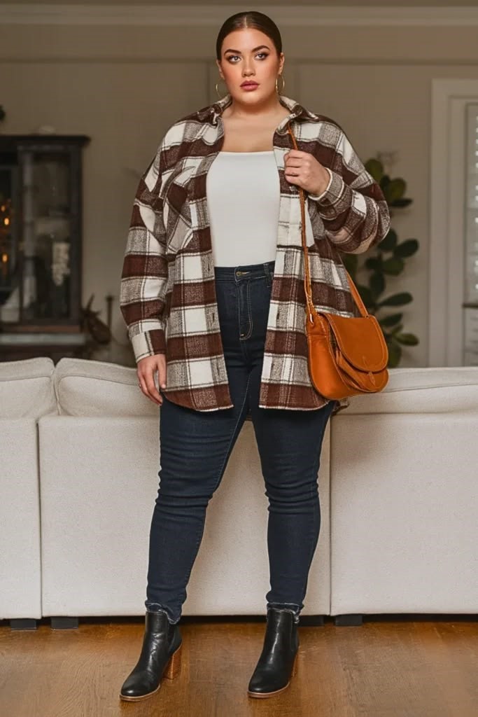 Cozy fall outfit ideas for curvy women with a brown plaid shacket, white top, dark jeans, and black ankle boots