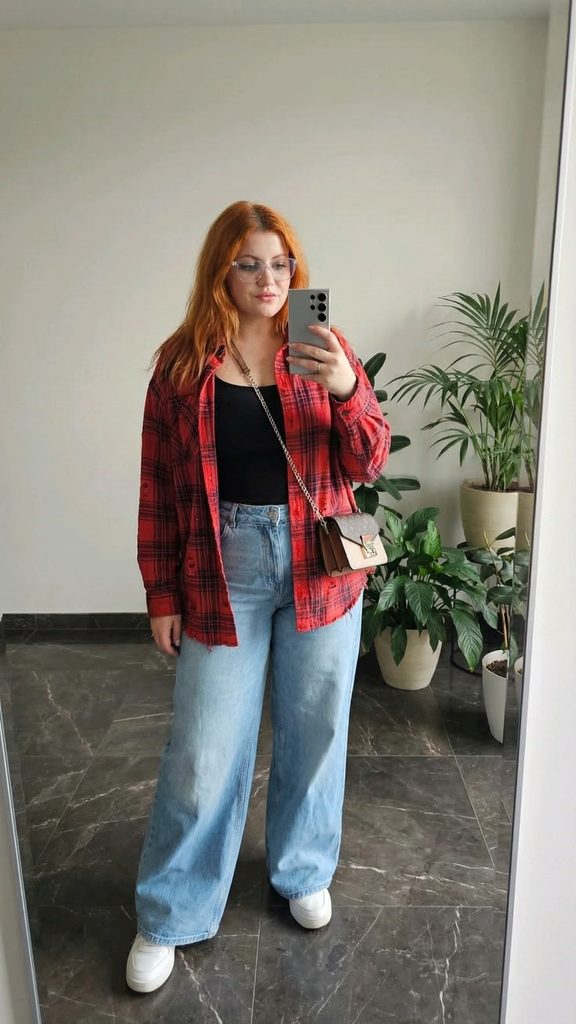 Cozy fall outfit for curvy women featuring a red plaid flannel shirt, black tank top, light-wash wide-leg jeans, and white sneakers