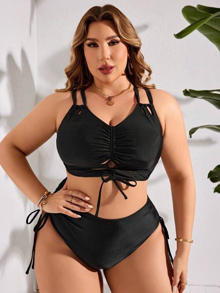 Cute Plus Size Bikini Ideas featuring a black ruched bikini set with tie details