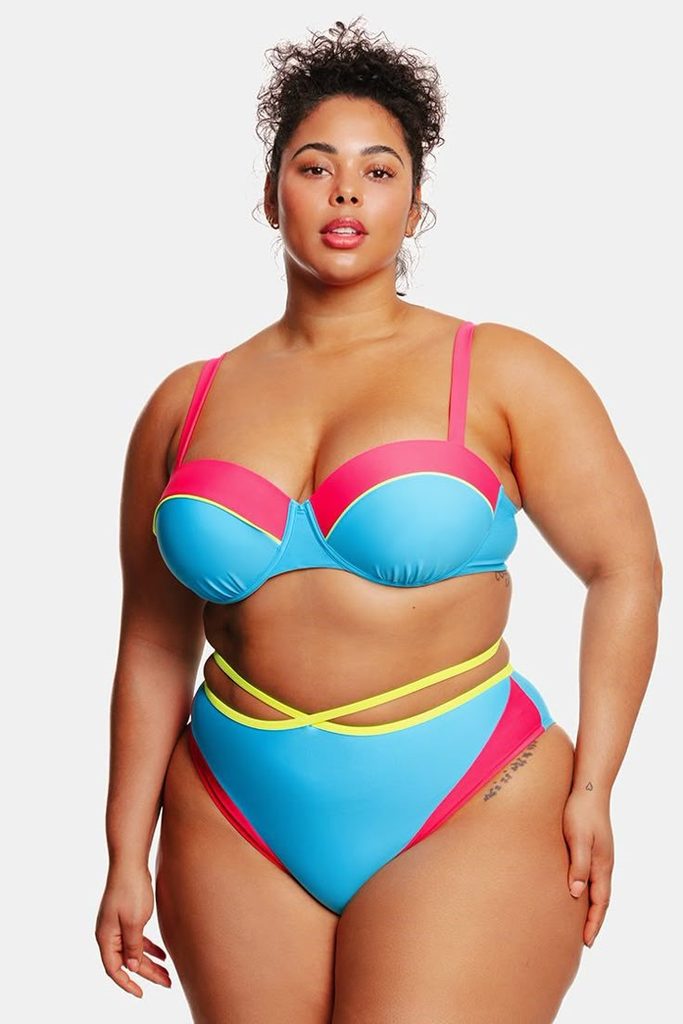 Cute Plus Size Bikini Ideas featuring a bright blue, pink, and yellow bikini set