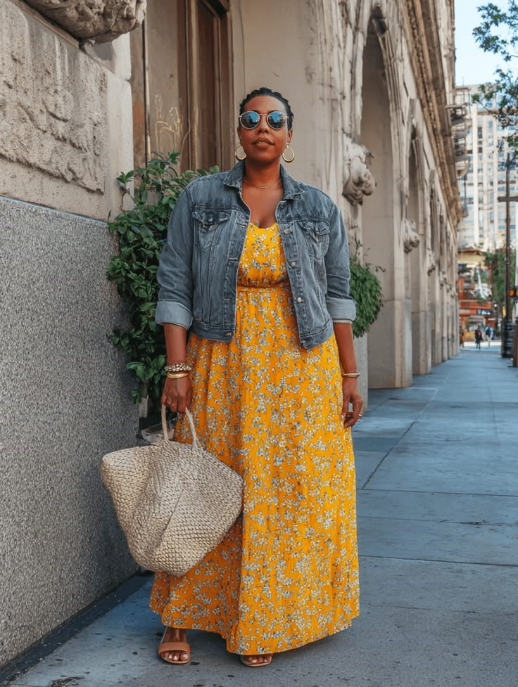 Plus size denim jacket outfit with a yellow floral maxi dress and woven straw tote bag.