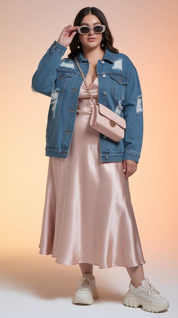 Denim jacket outfit with a blush pink satin slip dress, chunky white sneakers, and a pink crossbody bag.