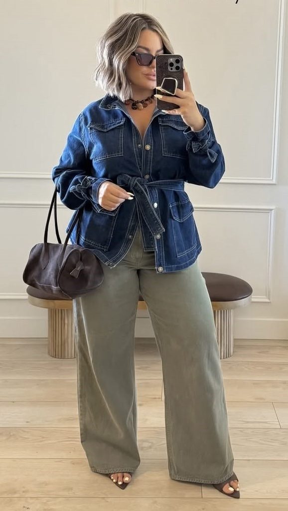 Denim jacket outfit with olive-green wide-leg trousers, pointed-toe heels, and a brown handbag.