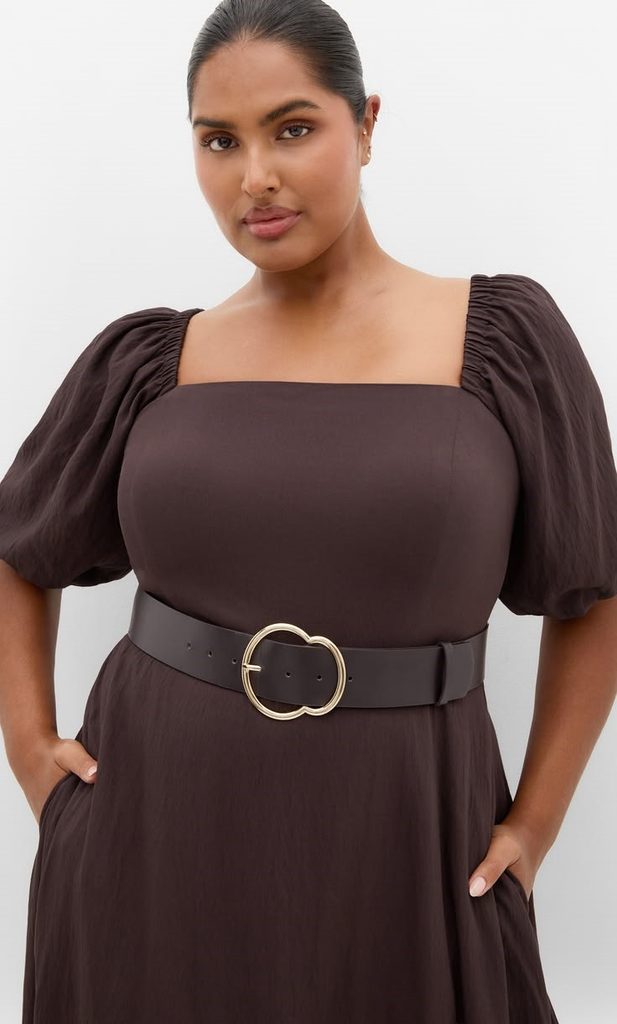 How to choose the perfect belt for your frame with a belted brown maxi dress