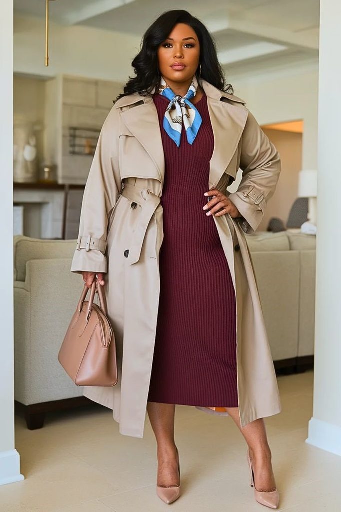 Plus size outfit showing how to style a beige trench coat over a burgundy midi dress