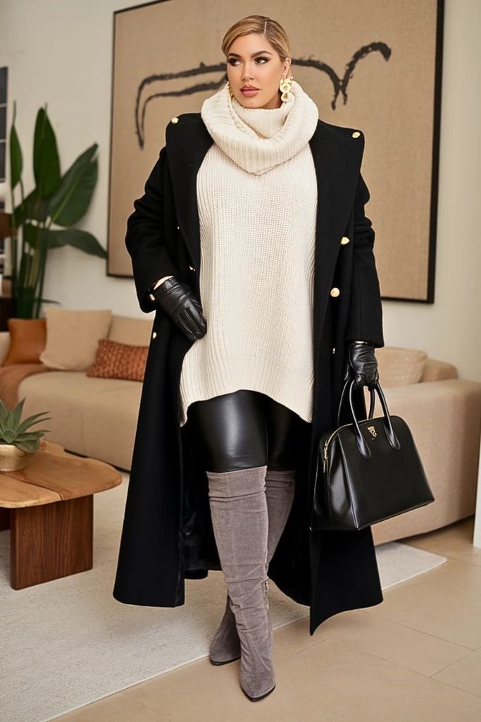 Long coat outfit ideas featuring a black long coat, cream chunky turtleneck, black leather pants, and tall boots
