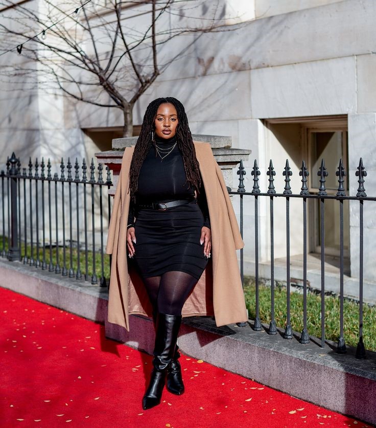 Long coat outfit ideas featuring a camel coat, black mini dress, sheer tights, and knee-high boots