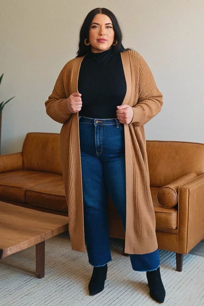 Long coat outfit ideas featuring a camel knit coat, black top, blue straight-leg jeans, and black ankle boots