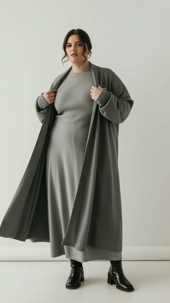 Long coat outfit ideas featuring a gray long coat, matching gray maxi dress, and black ankle boots