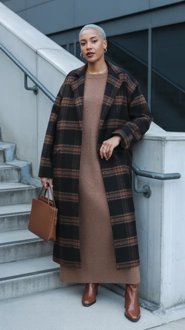 Long coat outfit ideas featuring a black and brown plaid coat, caramel maxi dress, and brown ankle boots