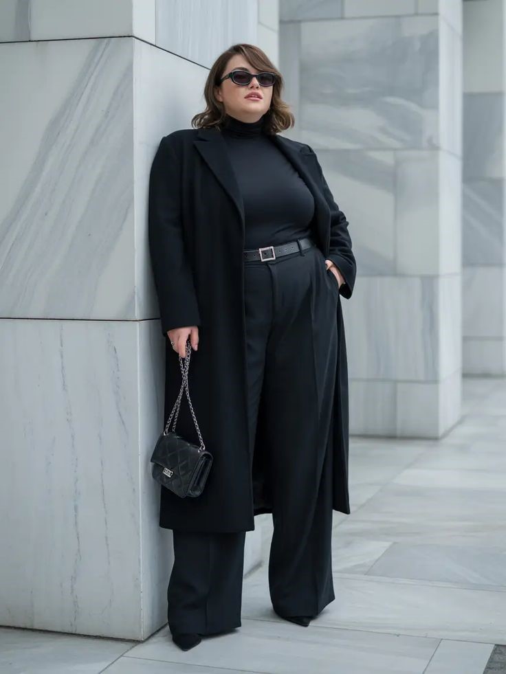 Long coat outfit ideas for plus size women featuring a black monochromatic look