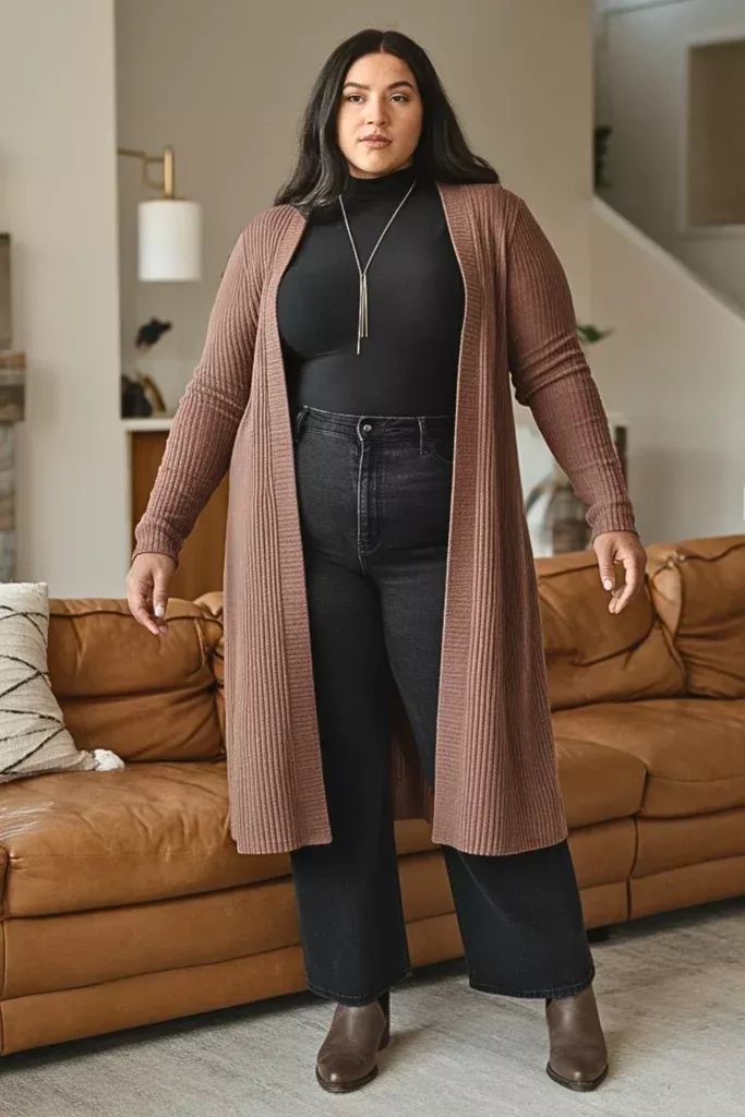 Neutral Outfit Ideas featuring a brown long cardigan styled with a black top, black jeans, and brown ankle boots.