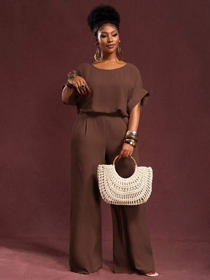 Neutral outfit ideas featuring a chocolate-brown monochromatic jumpsuit with gold jewelry and a cream woven handbag.