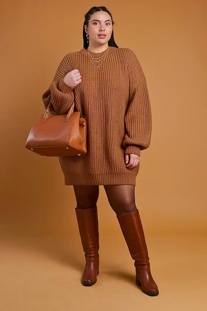 Neutral Outfit Ideas featuring a camel-brown sweater dress, brown knee-high boots, and a matching leather handbag.