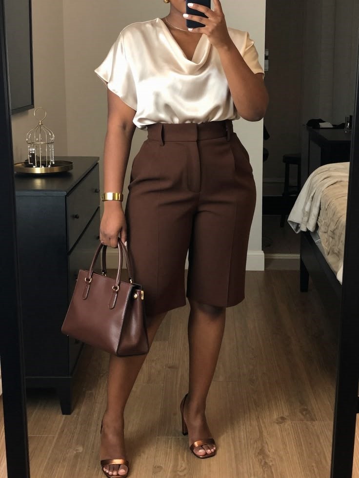 Neutral Outfit Ideas featuring a cream satin blouse with brown tailored shorts, a matching handbag, and brown heeled sandals.