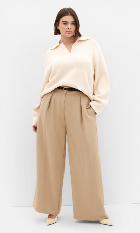 Neutral outfit ideas featuring a cream collared sweater and beige wide-leg trousers with nude pointed-toe heels.