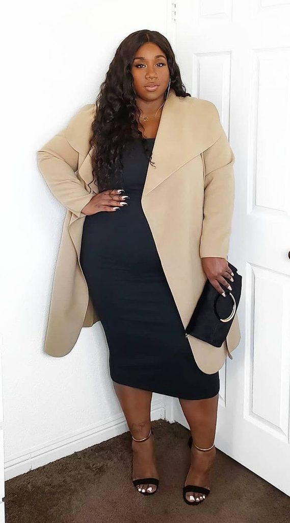 Neutral Outfit Ideas featuring a plus size black midi dress, camel coat, and black strappy heels.