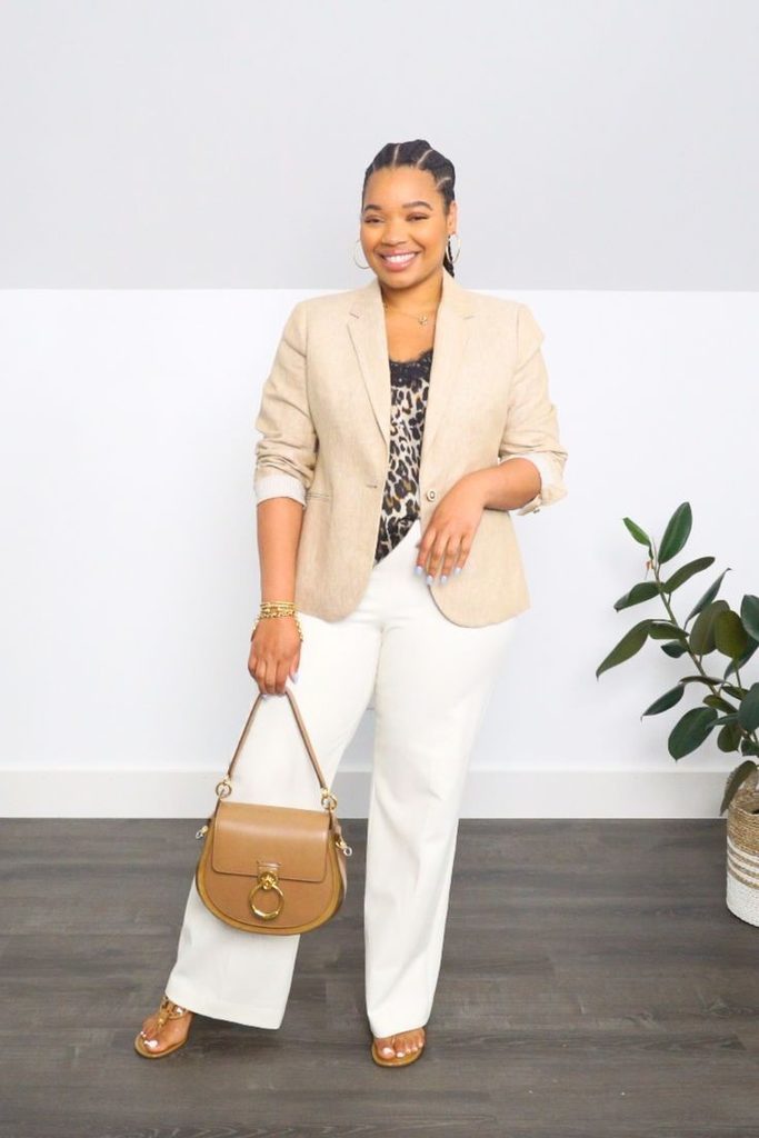 Neutral Outfit Ideas featuring a taupe blazer, white trousers, a leopard-print top, and a tan handbag.