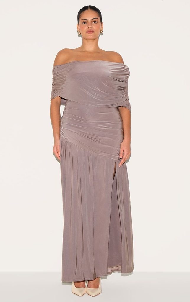 Neutral Outfit Ideas featuring a taupe off-the-shoulder maxi dress with a ruched bodice, thigh slit, and cream pointed-toe heels.
