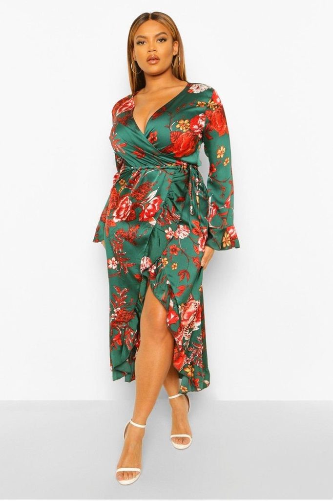 Plus size birthday dinner outfit featuring a green floral wrap midi dress with a defined waist
