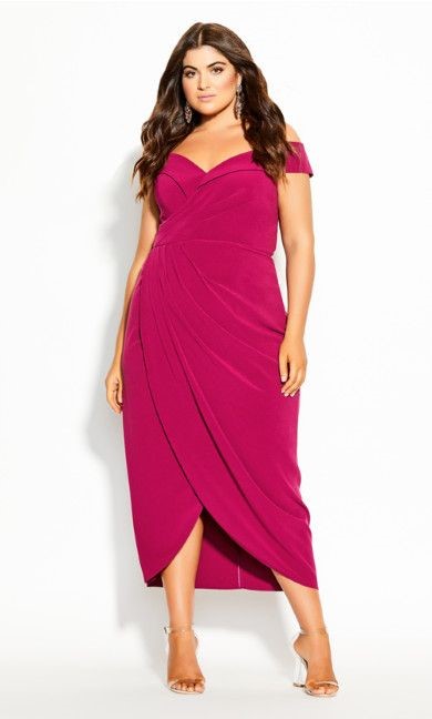 Plus size birthday dinner outfit featuring a magenta ruched midi dress with a draped waist