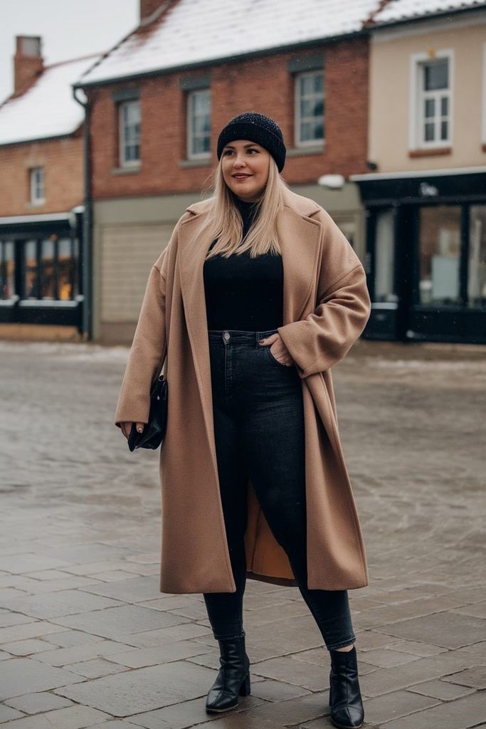 Plus size woman wearing a camel long coat with a black sweater, jeans, and boots