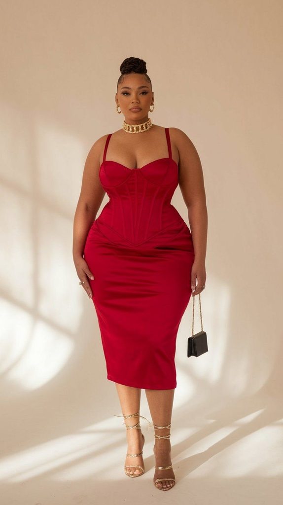 Plus size corset-inspired midi dress in red with structured bodice