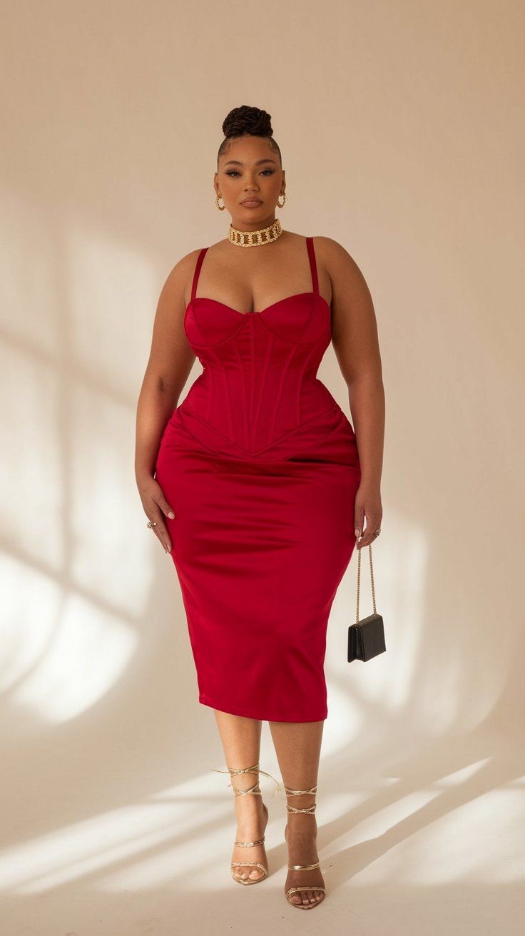 Plus size corset-inspired midi dress in red with structured bodice