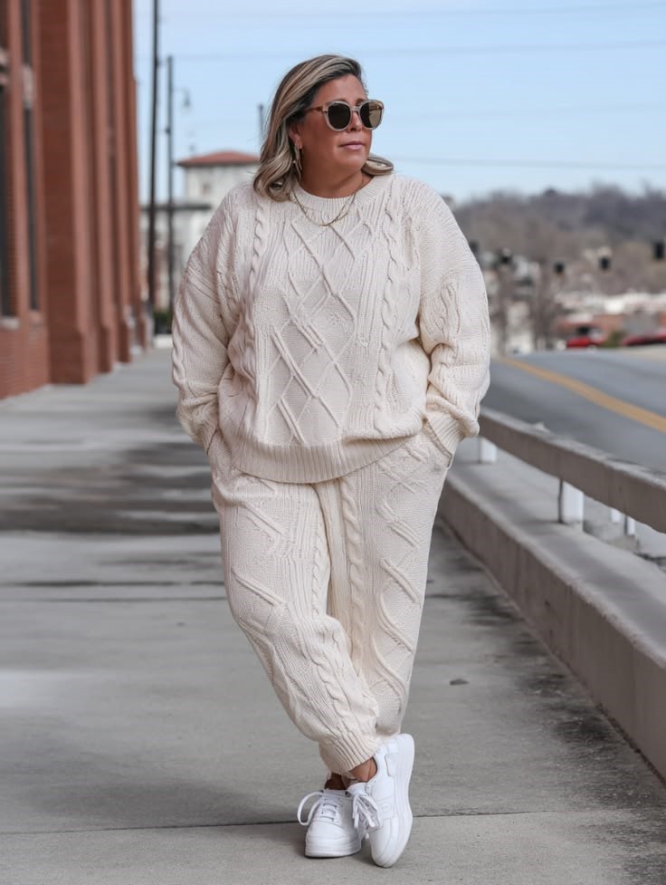 Plus size fall outfit featuring a cream cable-knit matching set with a sweater and trousers, styled with white sneakers.
