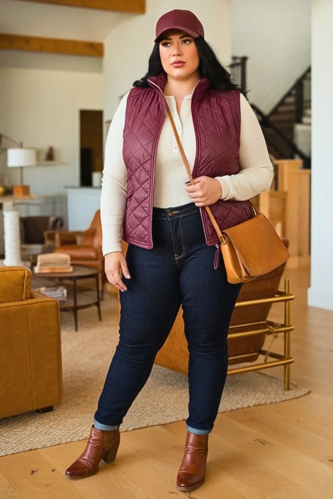 Plus size fall outfit featuring a quilted vest, cream long-sleeve top, dark-wash jeans, brown ankle boots, and a matching burgundy baseball cap.
