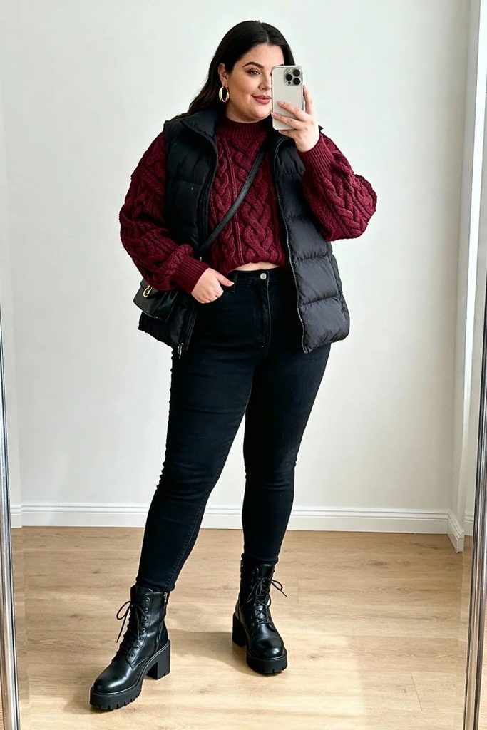 Plus size fall outfit with a burgundy cable-knit sweater, black puffer vest, black skinny jeans, and black lace-up ankle boots.