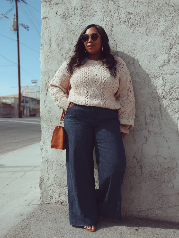 Chunky knit sweater with wide-leg jeans for a plus size fall outfit