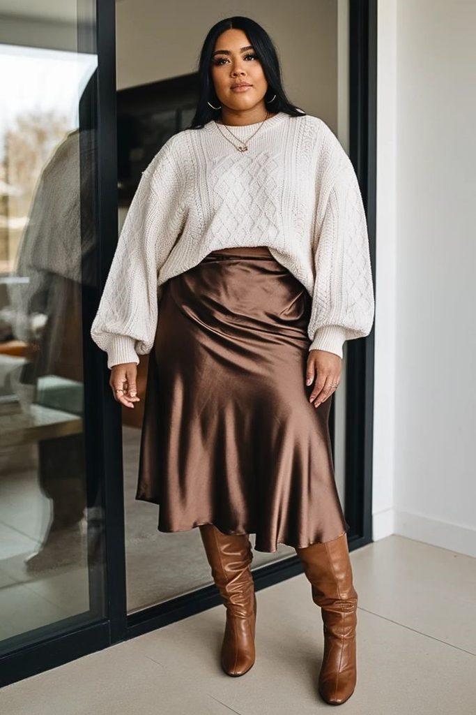 Plus size fall outfit featuring a cream cable-knit sweater, brown satin midi skirt, and brown knee-high boots.