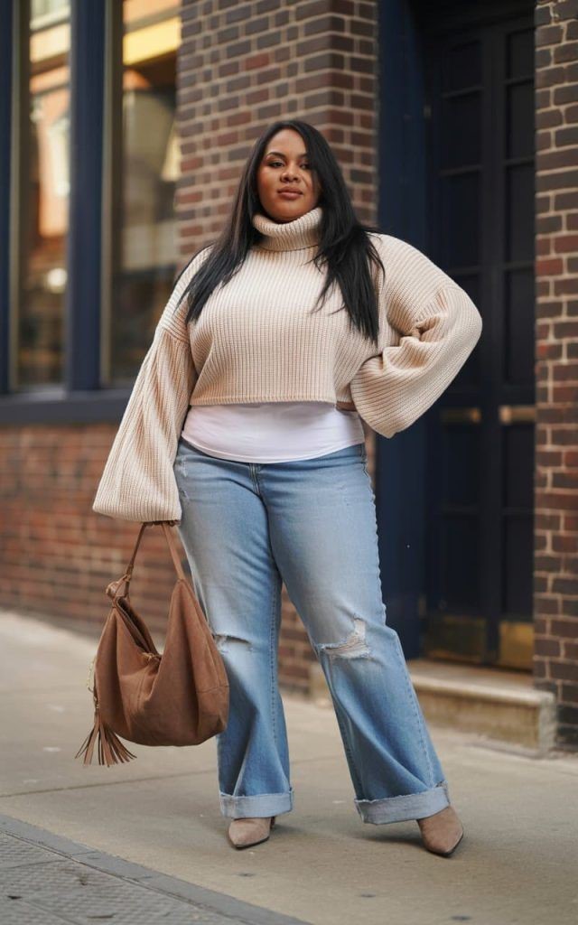 Plus size woman wearing a cream turtleneck sweater, light-wash cuffed jeans, and beige heeled boots for a cozy fall outfit.