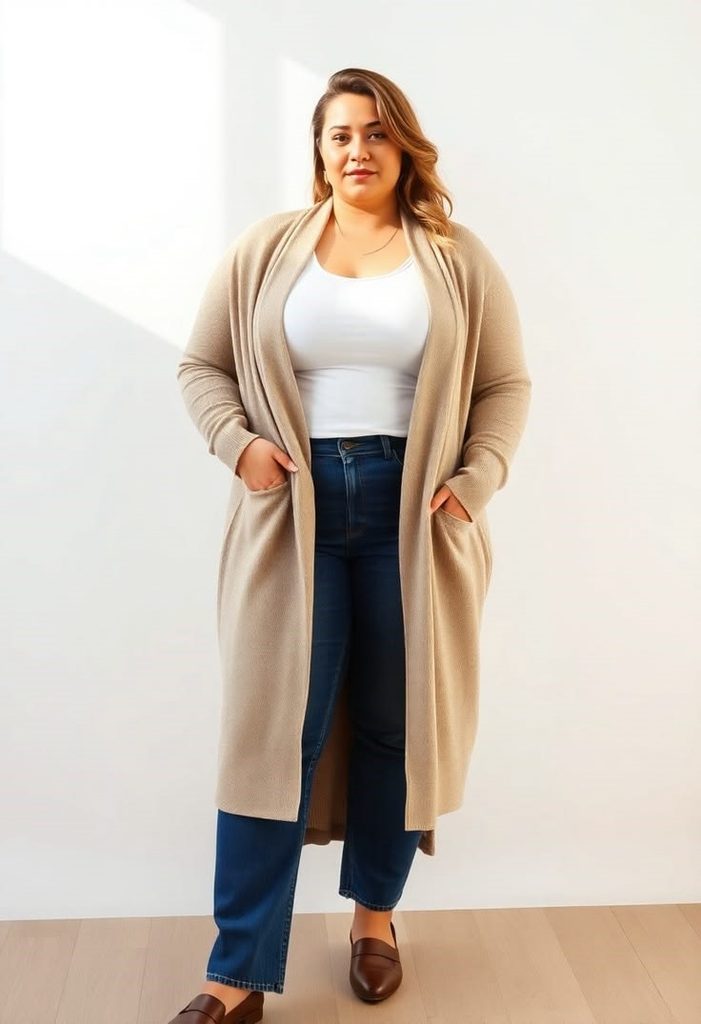 Plus size fall outfit with a beige long cardigan, white basic top, and dark blue straight-leg jeans