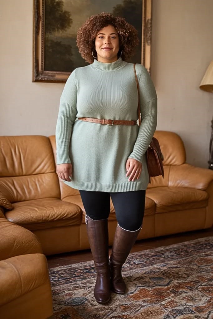 Plus size fall outfit with a mint green sweater dress, black leggings, brown knee-high boots, and a brown belt