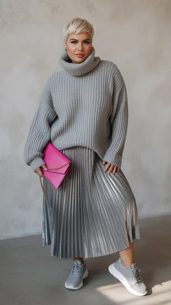 Plus size fall outfit with a grey turtleneck sweater, metallic pleated midi skirt, and white sneakers