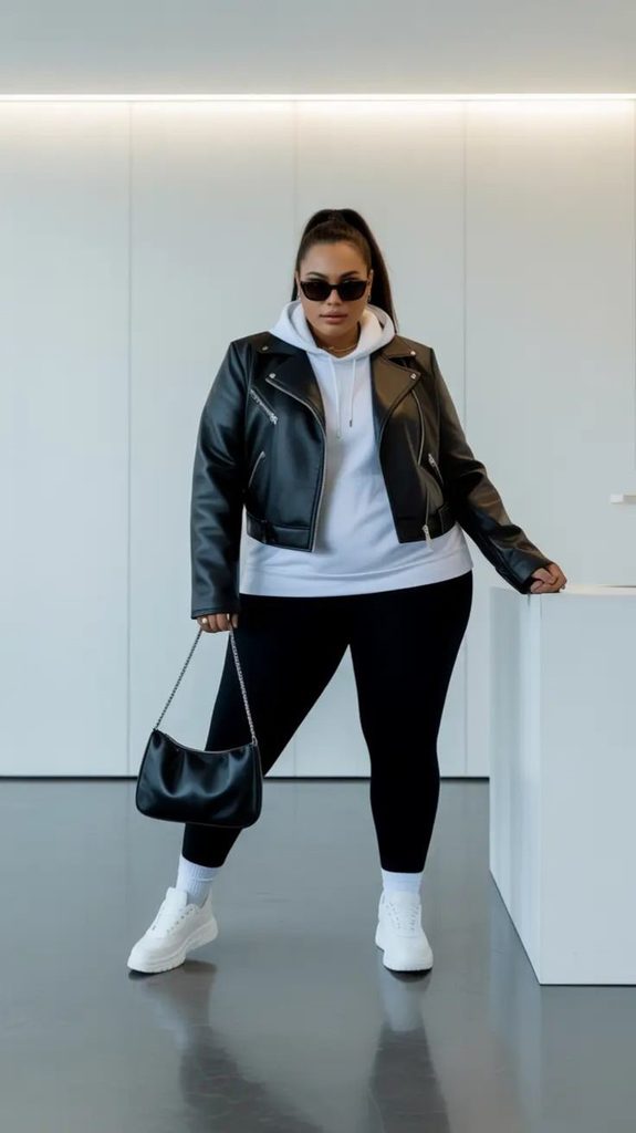 Plus size leather jacket outfit ideas featuring a black leather jacket, white hoodie, black leggings, and white sneakers