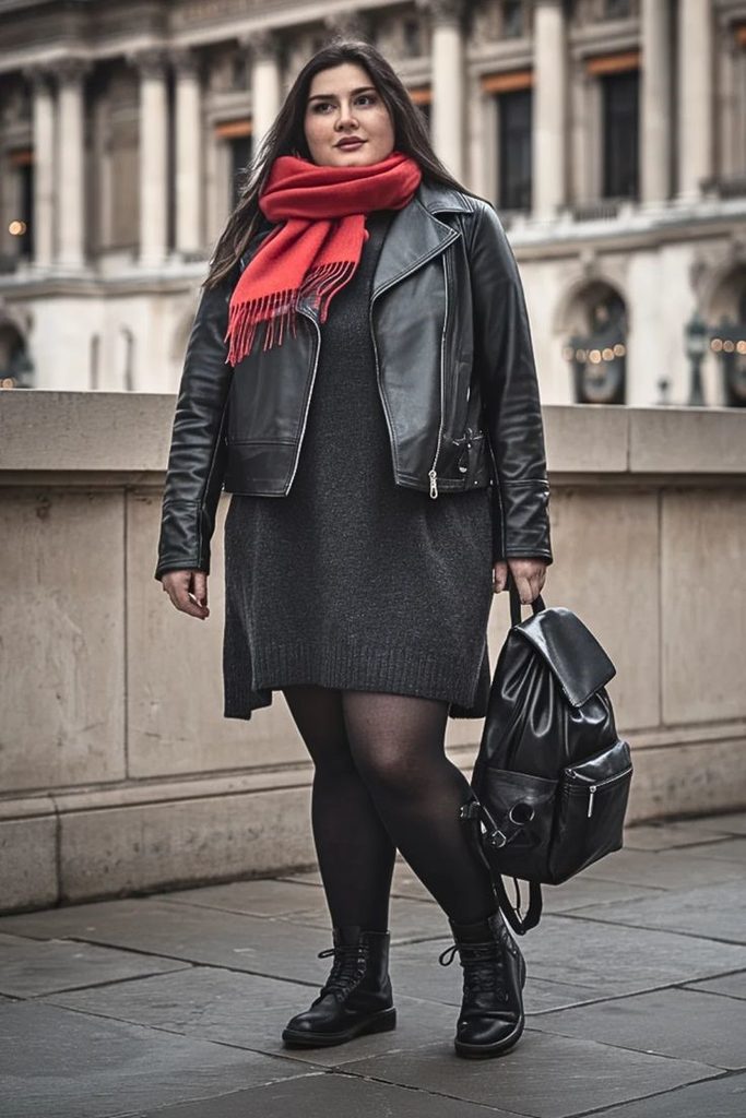 Plus size leather jacket outfit ideas featuring a black leather jacket, gray sweater dress, red statement scarf, black tights, and ankle boots