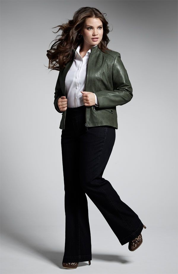 Plus size leather jacket outfit ideas featuring an olive green leather jacket, white button-down shirt, and black wide-leg jeans