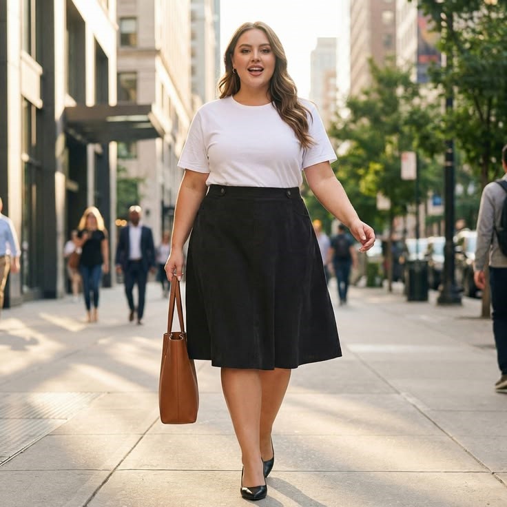 Minimalist fashion for plus size women wearing an A-line skirt with a simple top