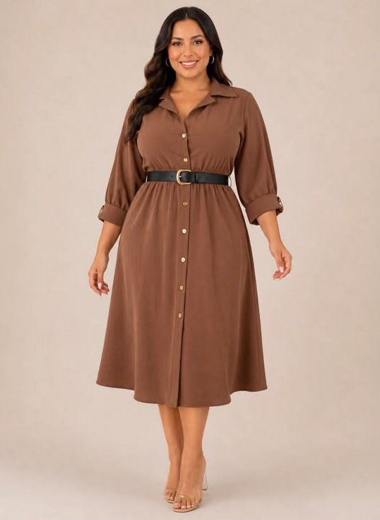 Minimalist fashion for plus size women wearing a neutral button-down midi dress.