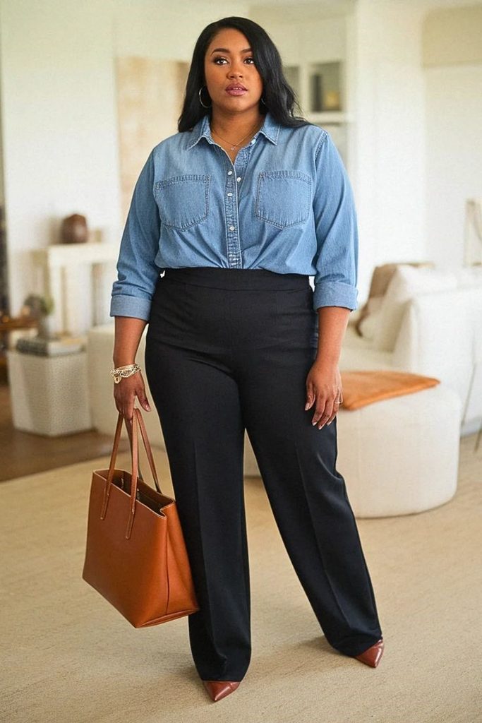 Plus size minimalist outfit featuring a denim shirt and black straight-leg trousers.