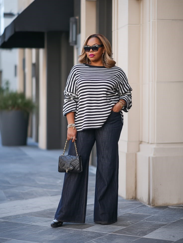 Plus size minimalist outfit featuring a black-and-white striped top and dark straight-leg jeans.