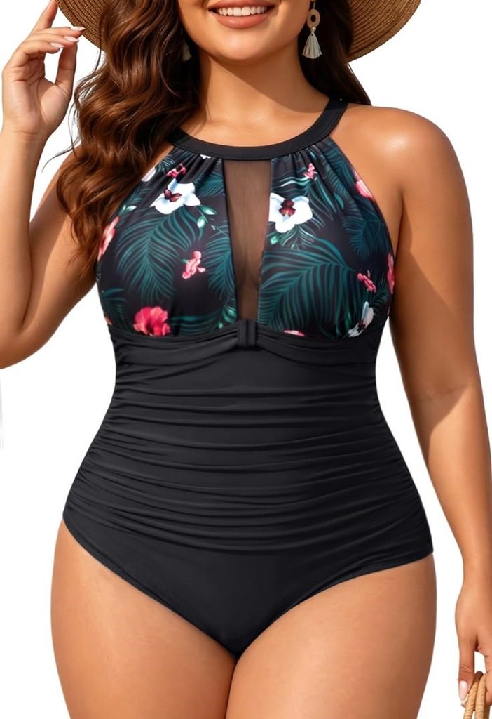 Plus size swimsuits featuring a black high-neck one-piece with a sheer mesh front, tropical floral print, and ruched waist.