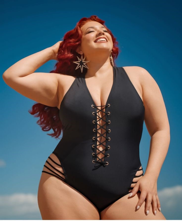 Plus size swimsuits featuring a black corset-inspired one-piece with lace-up detailing and stylish side cutouts.